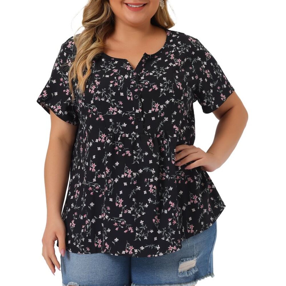 Plus Size Women's Summer Tops Floral Half Placket Short Sleeve Blouses Black